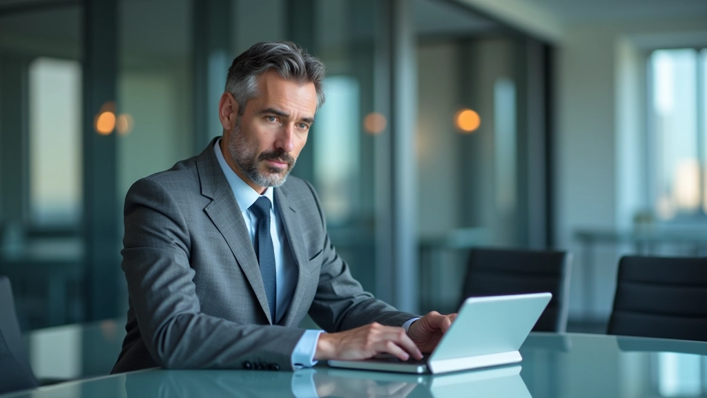 Geschäftsführer mit Tablet bespricht Währungsrisiken und Markttrends in modernem Konferenzraum