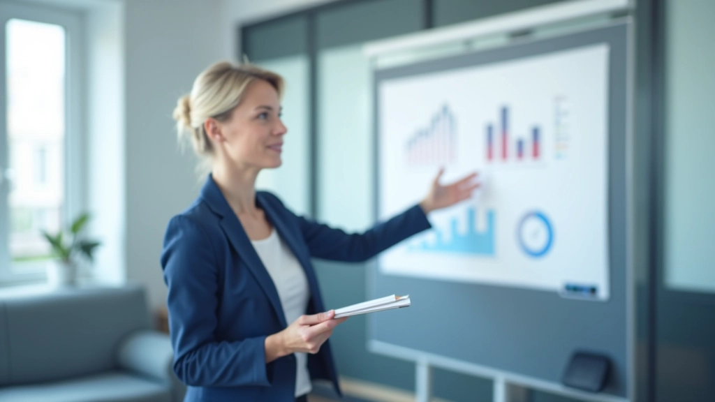 Geschäftsfrau präsentiert auf Whiteboard mit Grafiken und Notizen in modernem Konferenzraum, professionelle Beleuchtung, scharfer Fokus