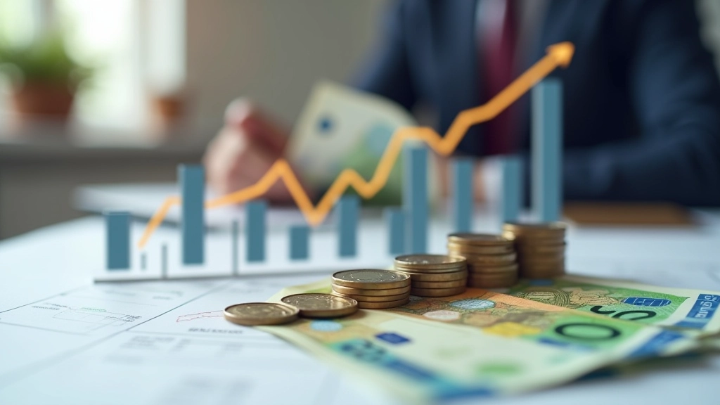 Europäische Währungsscheine und Münzen auf Grafik mit Wechselkurstrends