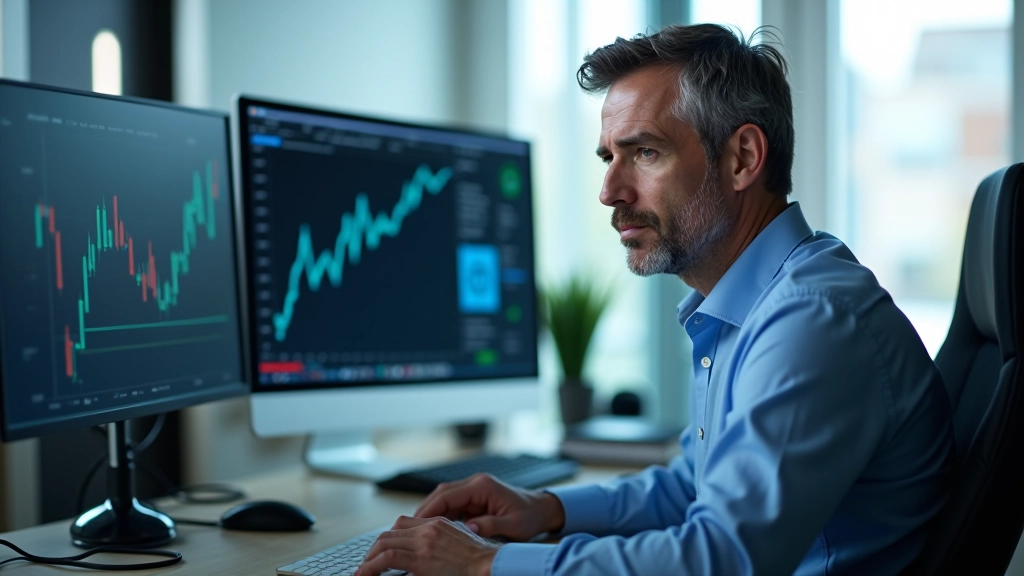 Finanzanalyst studiert Wechselkurs-Charts und Marktdaten auf mehreren Monitoren