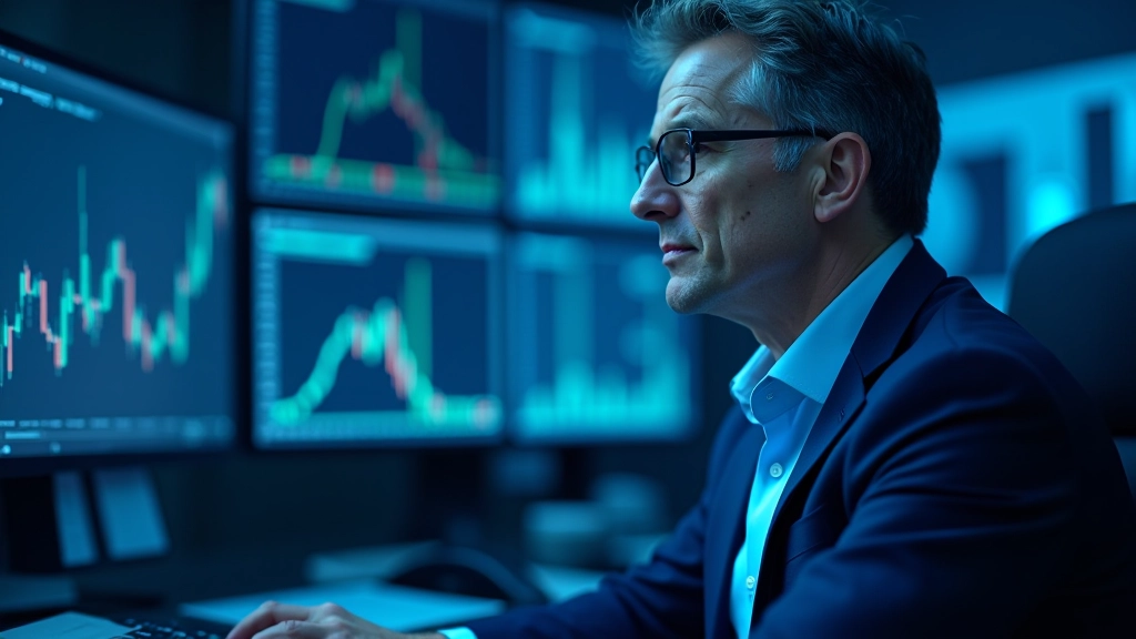 Finanzanalyst analysiert Wechselkursdaten auf mehreren Monitoren in modernem Handelszentrum mit blauer LED-Beleuchtung