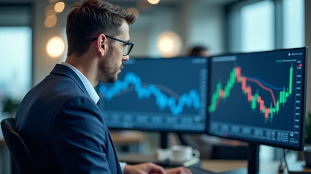 Finanzanalyst analysiert Wechselkurs-Daten und Markttrends auf mehreren Monitoren in modernem Büro