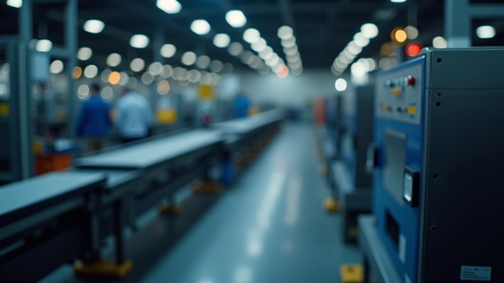 Fabrik in Deutschland mit Industriemaschinen und Förderbändern, blaues Licht, moderne Fertigungsstätte, Detail auf Maschinenteile