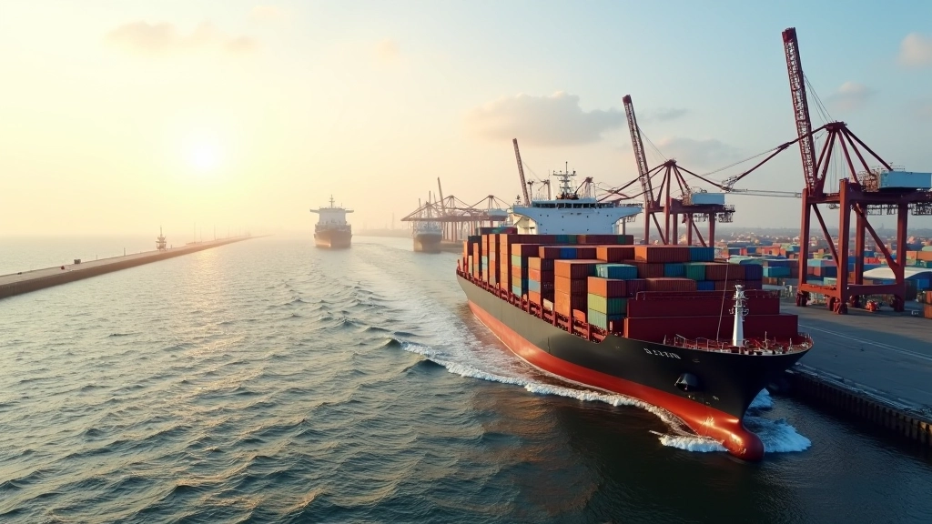 Großer Hafen mit Containerschiffen und Kränen, Frachtverkehr bei Sonnenaufgang