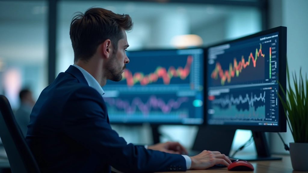 Analyst zeigt auf Bildschirm mit Zinschart, modern ausgestattetes Büro mit mehreren Monitoren, konzentrierter Blick auf Daten