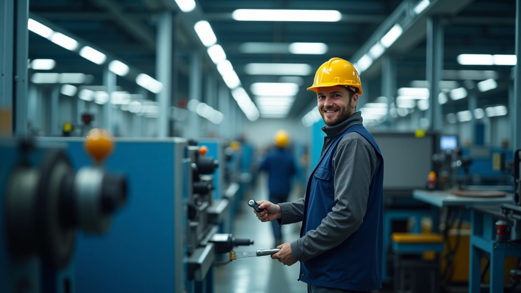Moderne Fabrikanlage mit Produktionsmaschinen und Facharbeitern bei der Herstellung von Präzisionsteilen