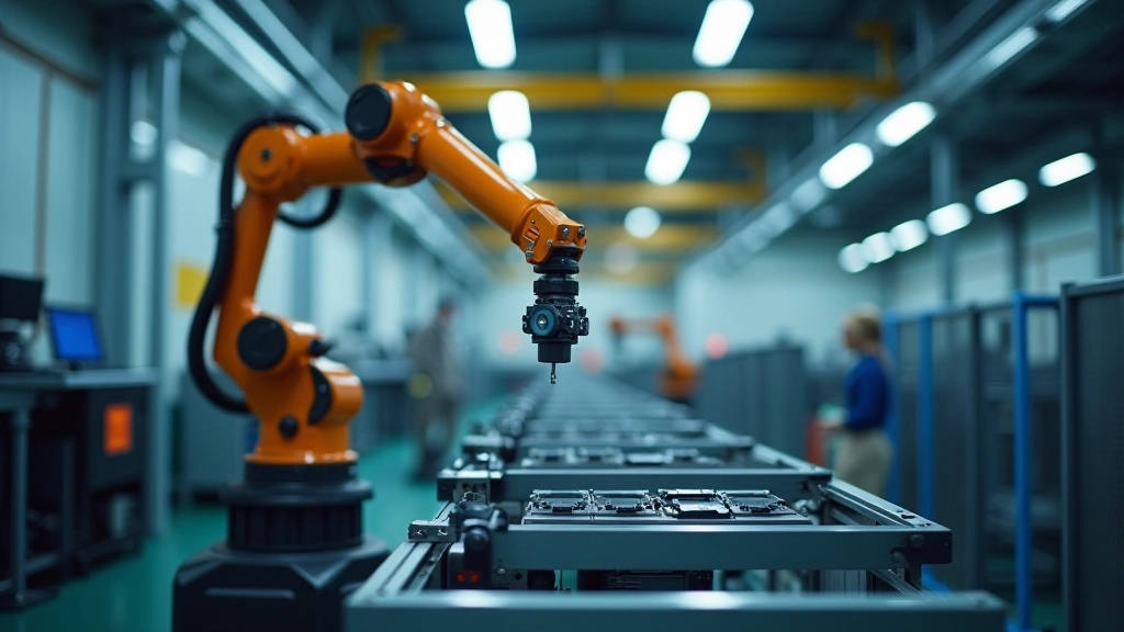 Moderne Fabrikhalle mit Roboterarm beim Zusammenbau von Industrieprodukten, helle Beleuchtung